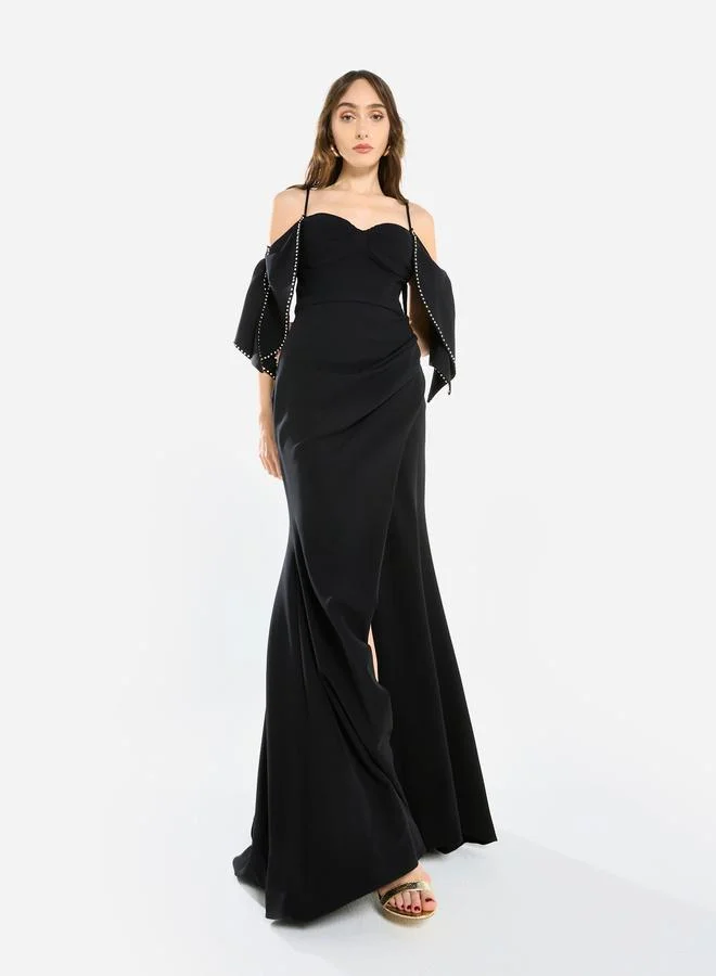 House of Moda Women Pearl Trim Mermaid Hem Maxi Dress
